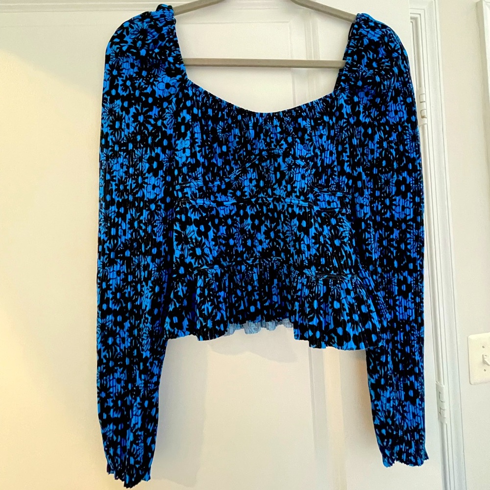 ZARA Blue Floral Long Sleeve Blouse - Size Small